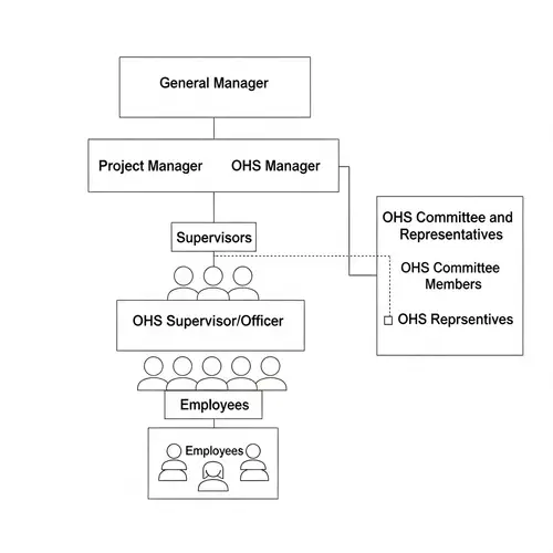 Organizational Chart Roles: GM, PM, OHS Mgr, Supervisors, OHS Supervisor, Employees, OHS Committee & Representatives