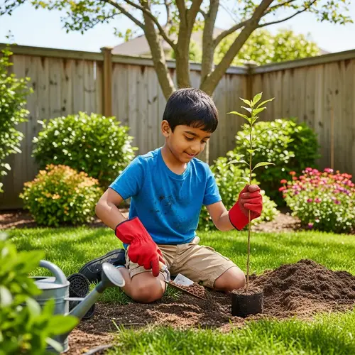 Young South Asian Boy Planting Tree | Backyard Gardening