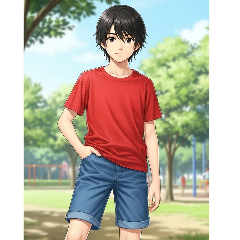 Cute East Asian Boy in Blue Denim Shorts