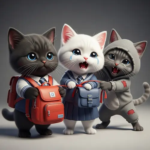 Realistic Cartoon Black British Cat in School Uniform with Blue Eyes