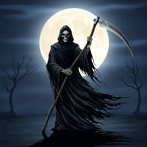 Grim Reaper: Personification of Death in Dark Robe with Scythe