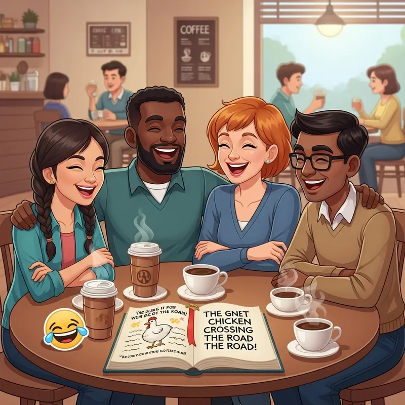Funny Cartoon Characters Enjoying Hilarious Jokes at Coffee Shop