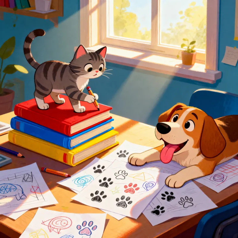 Whimsical Cat and Dog Homework Illustration