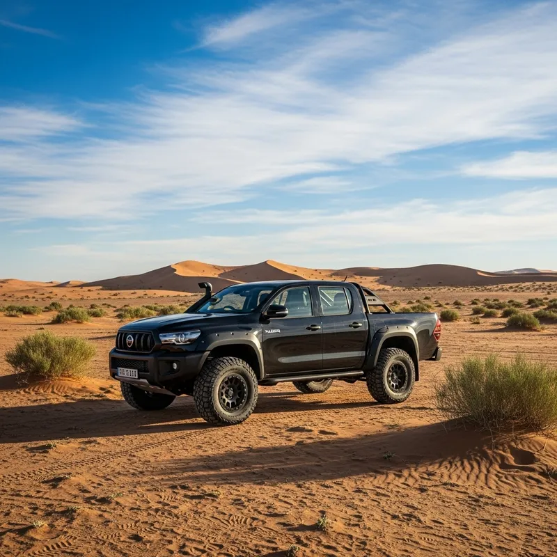 Black Pickup Truck in Isolated Desert Landscape Black Pickup Truck in Isolated Desert Landscape