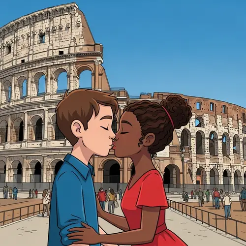 Animated Boy and Girl Kissing at Colosseum in Rome