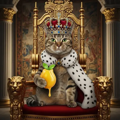 Regal Cat with Crown and Candy on Throne