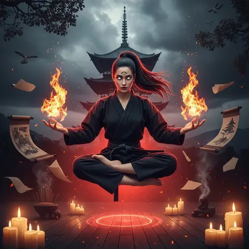American-Japanese Woman Levitating in Lotus Pose with Mythical Fire