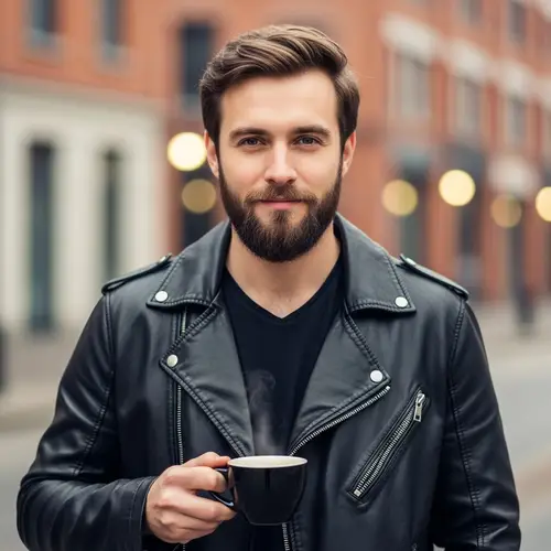 Stylish Young Man in Black Leather Jacket with Coffee