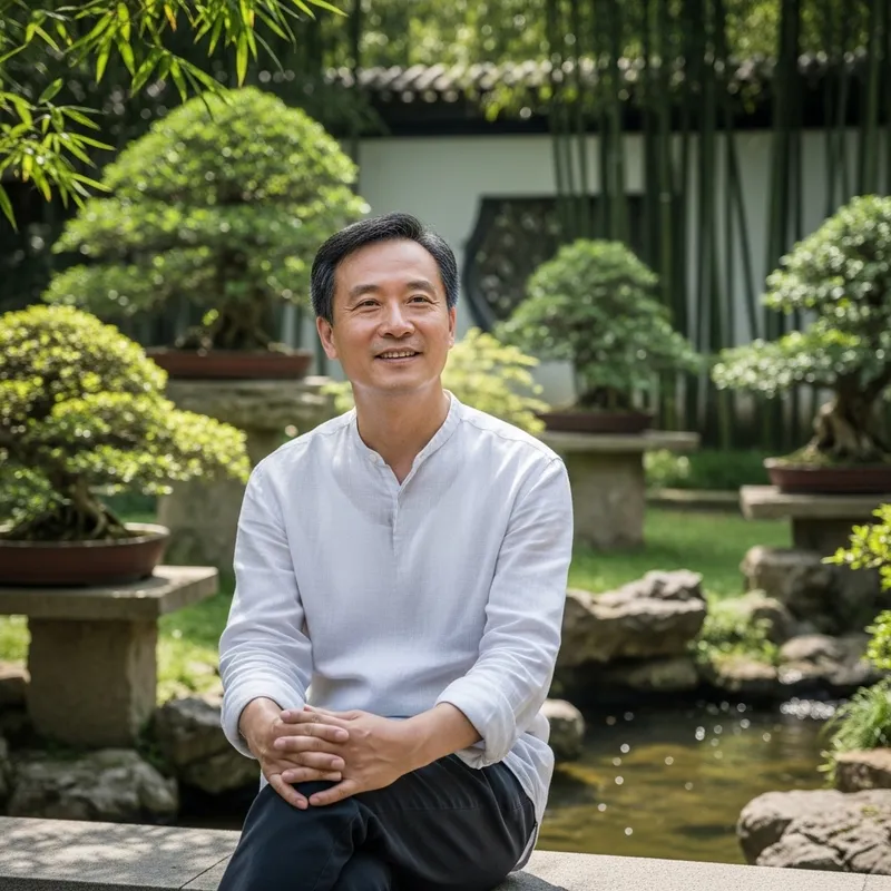 Tranquil 50-Year-Old Chinese Male Relaxing and Smiling