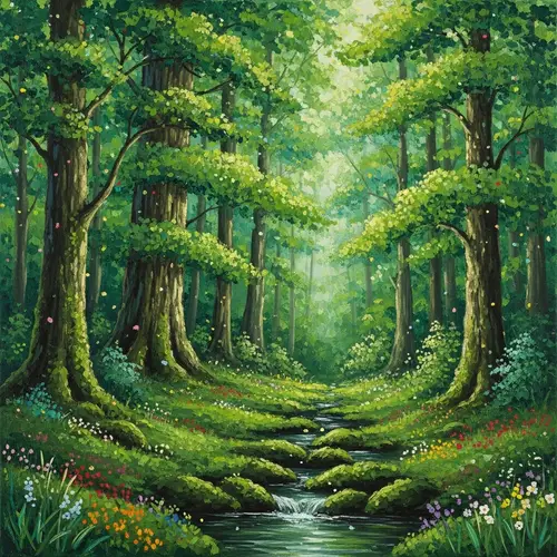 Lush and Verdant Forest Impressionistic Style Painting