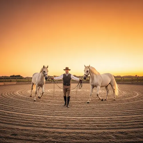Round Riding Arena with Caucasian Horse Tamer and Graceful White Horse