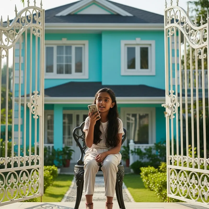 Turquoise Two-Story House Terrace with Girl Recording Audio