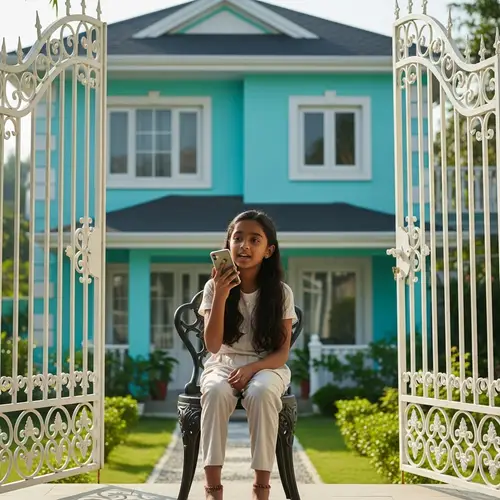 Turquoise Two-Story House Terrace with White Gates