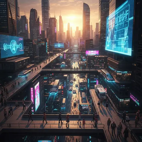 Futuristic Cityscape at Sunset: High-Tech Sci-Fi World