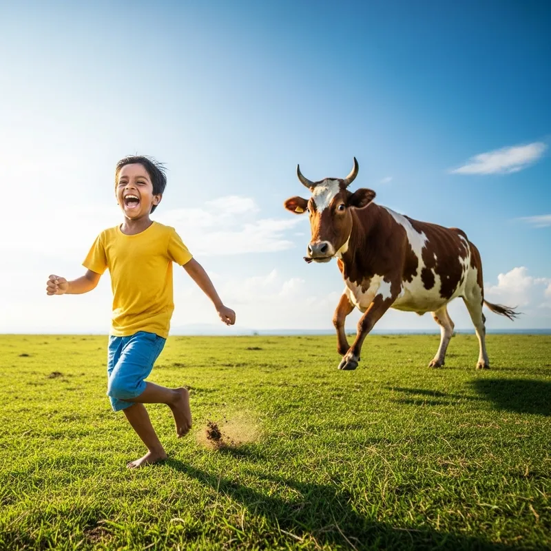 South Asian Child Running in Green Field with Cow Chase - Joyful Scene Captured