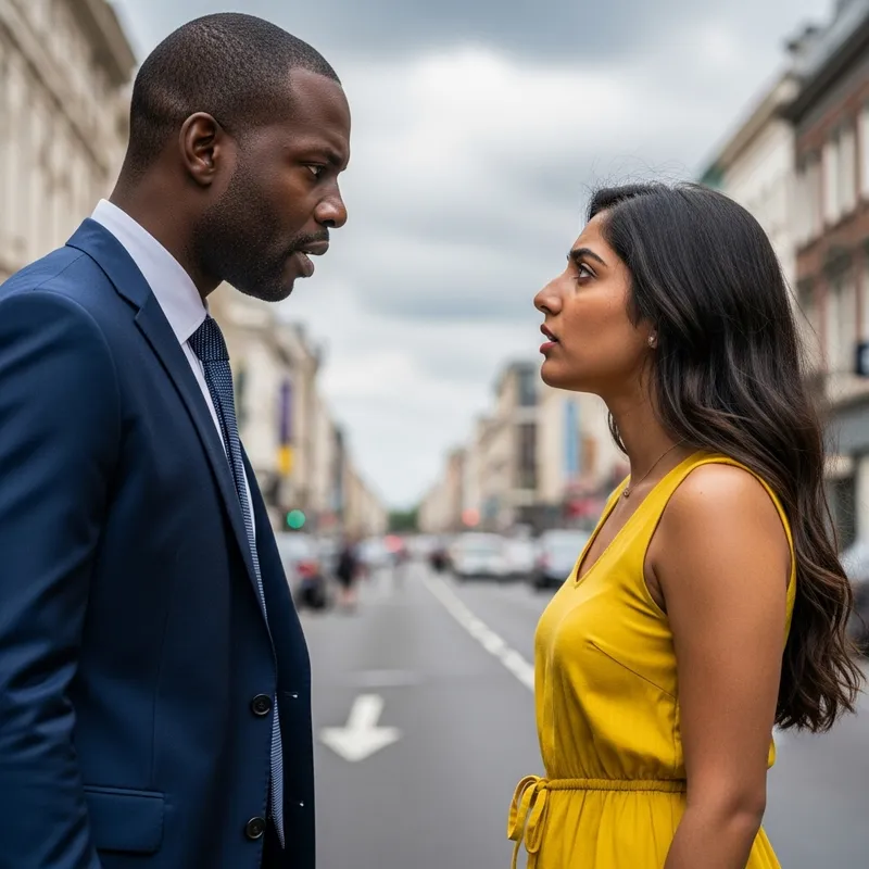 Intense Confrontation in City Street | Tension Between Black Man and South Asian Woman Intense Confrontation in City Street | Tension Between Black Man and South Asian Woman