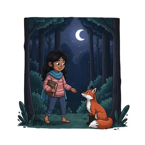 Cartoon Girl and Fox Encounter in Nighttime Forest