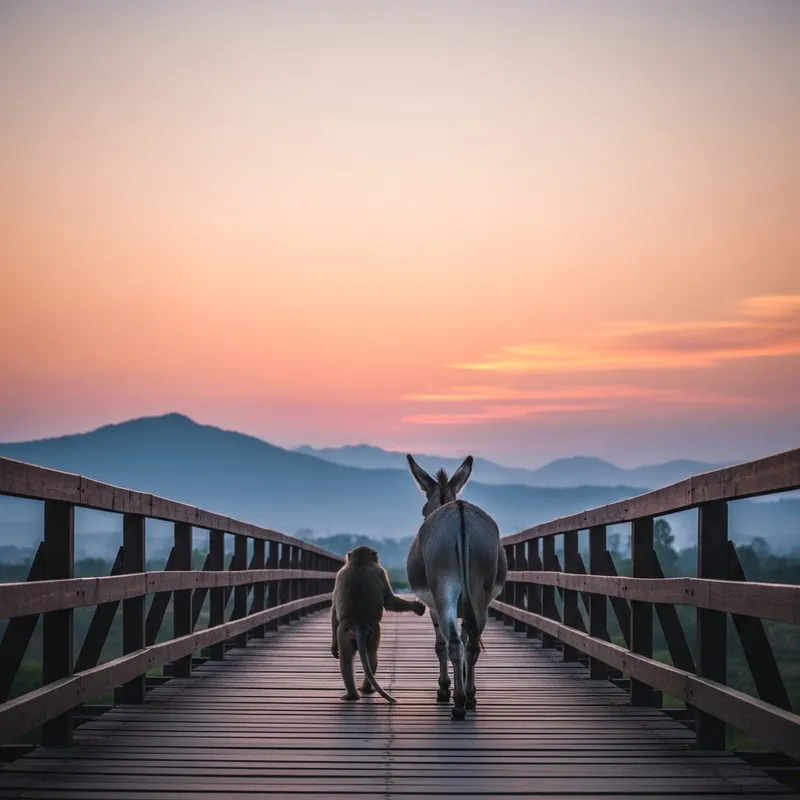 Monkey and Donkey Crossing Bridge at Sunset