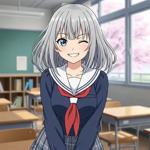 Japanese Anime-Inspired Silver-Haired Schoolgirl Smiling