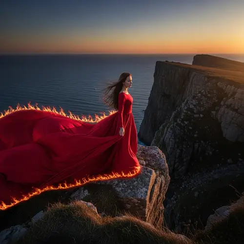 Hyper-Realistic Painting of a Girl in Burning Crimson Gown on Cliff