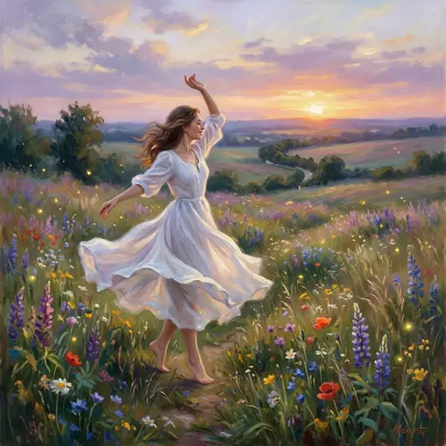 Dancing in a Meadow: A Dreamlike Evening Scene