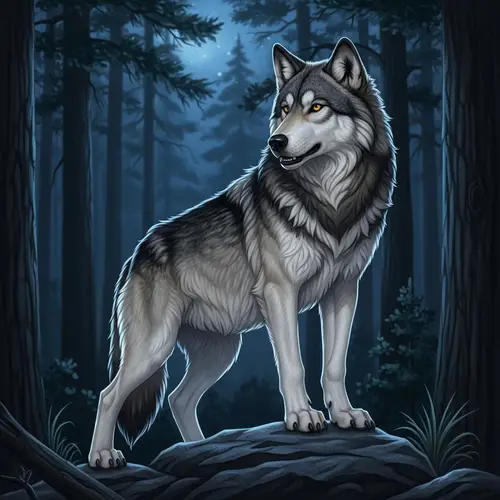 Majestic Adult Wolf in Pine Forest - Detailed Illustration