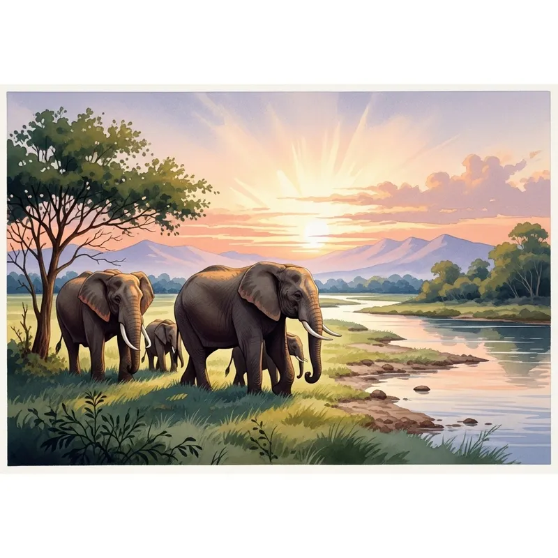 Tranquil Elephants Watercolor Art
