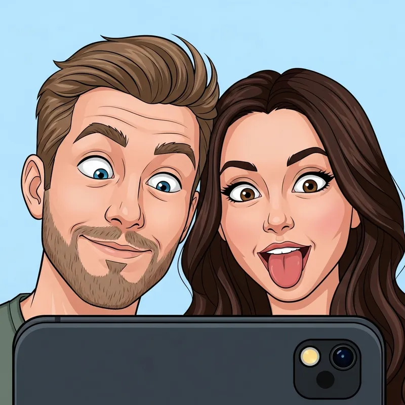 Fun Cartoon Illustration of Couple Taking Funny Selfies
