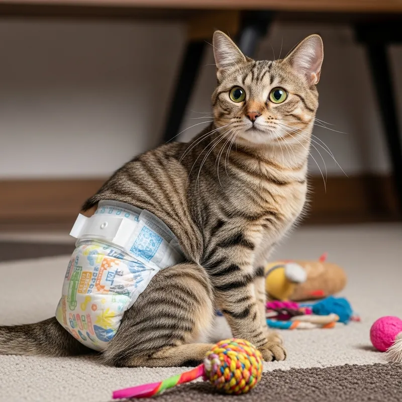 Playful Cat in Diaper | Curious Feline on Carpet