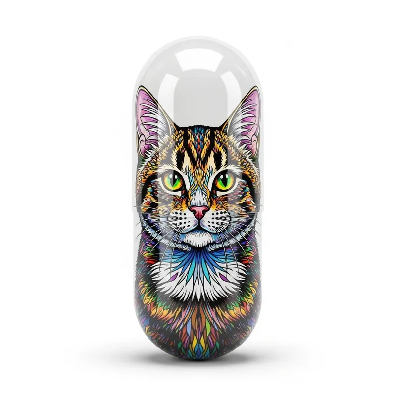 Realistic Gelatine Capsule with Colorful Cat Design