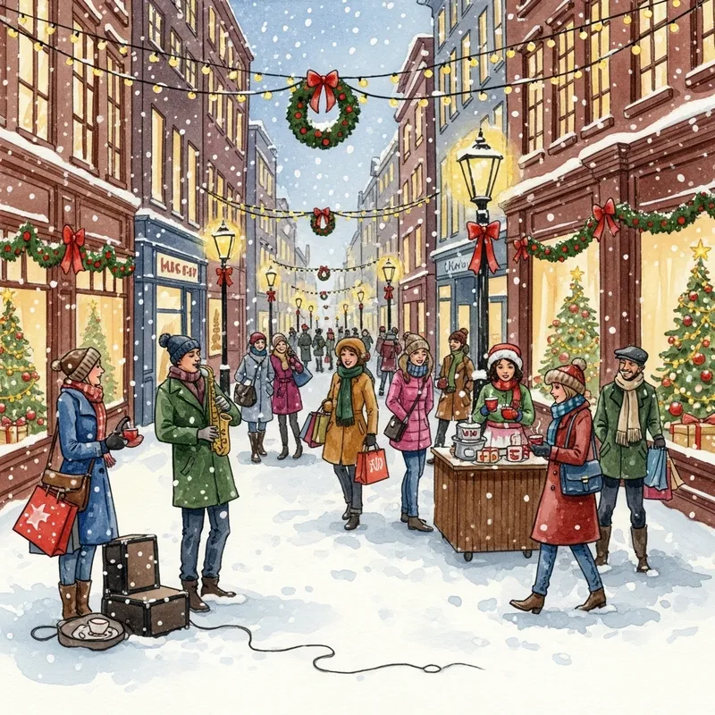 Christmas City Street - Festive Urban Scene Painting