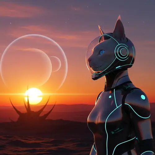 Futuristic White-Furred Cat in Stunning Sunset Scene