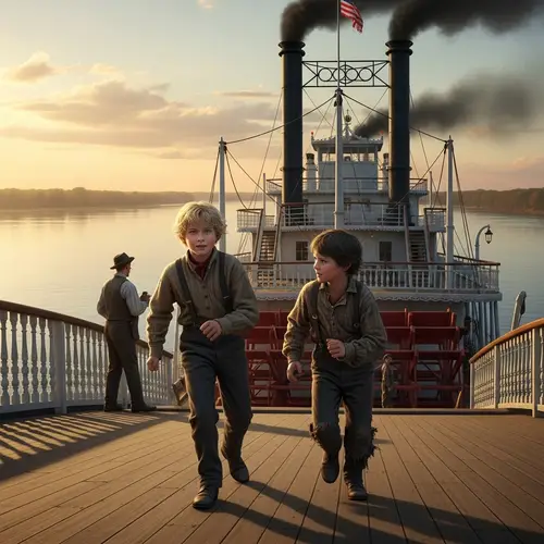 19th Century American Midwest Boys on Steamship | Mississippi River Scene