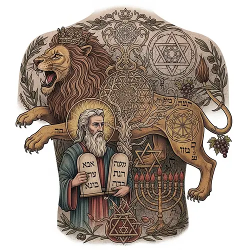 Ancient Tattoo Design with Israeli, Kabbalah, Rabbi, Lion Symbolism