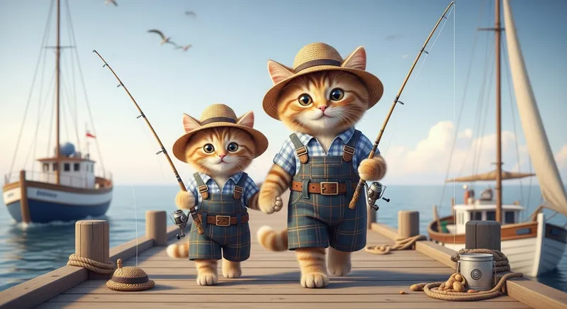 Wholesome Ginger Scottish Cat and Kitten Fishing Scene Wholesome Ginger Scottish Cat and Kitten Fishing Scene