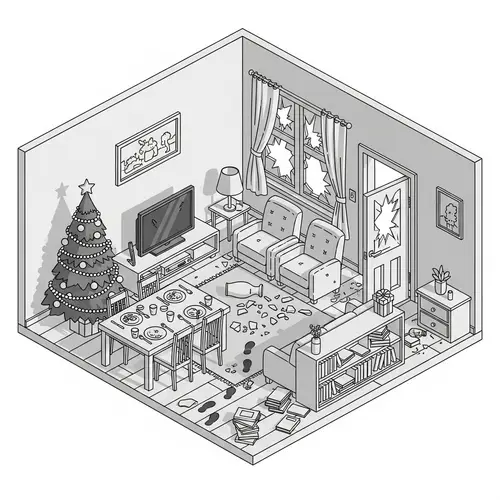 Cartoonish Isometric Crime Scene in Living Room