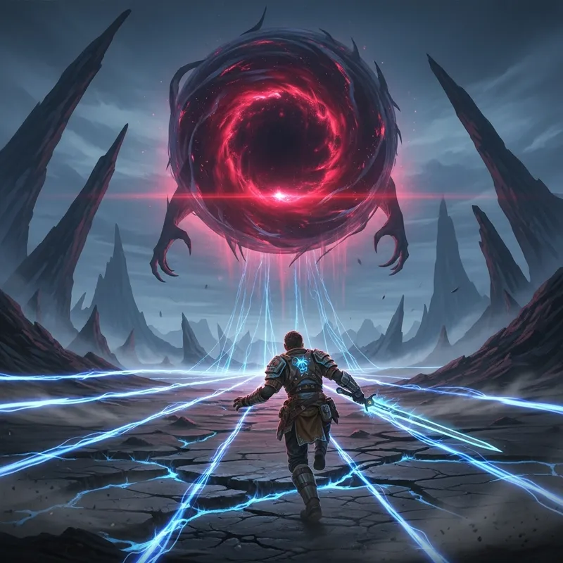 Brave Warrior Confronts Dark Monstrosity in Desolate Wasteland