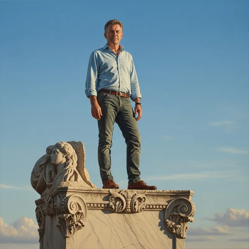 Middle-Aged Caucasian Man Standing on Marble Block