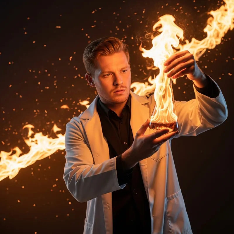 Red-haired Chemist in Black Suit with Flaming Flask Surrounded by Fire