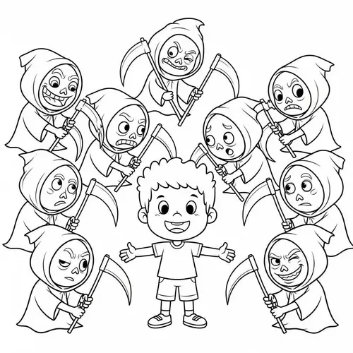 Diverse Kid Surrounded by Quirky Grim Reapers - Coloring Activity