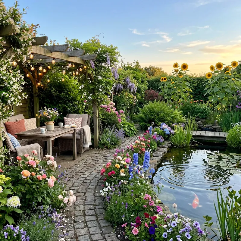 Serene Backyard Oasis with Vibrant Flowers