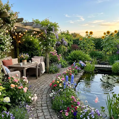 Serene Backyard Oasis with Vibrant Flowers