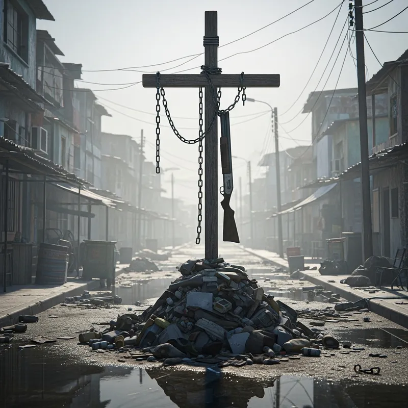 Eerie Wooden Cross with Shotgun in Slum Setting