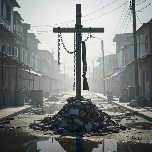 Weathered Wooden Cross with Shotgun in Slum Setting