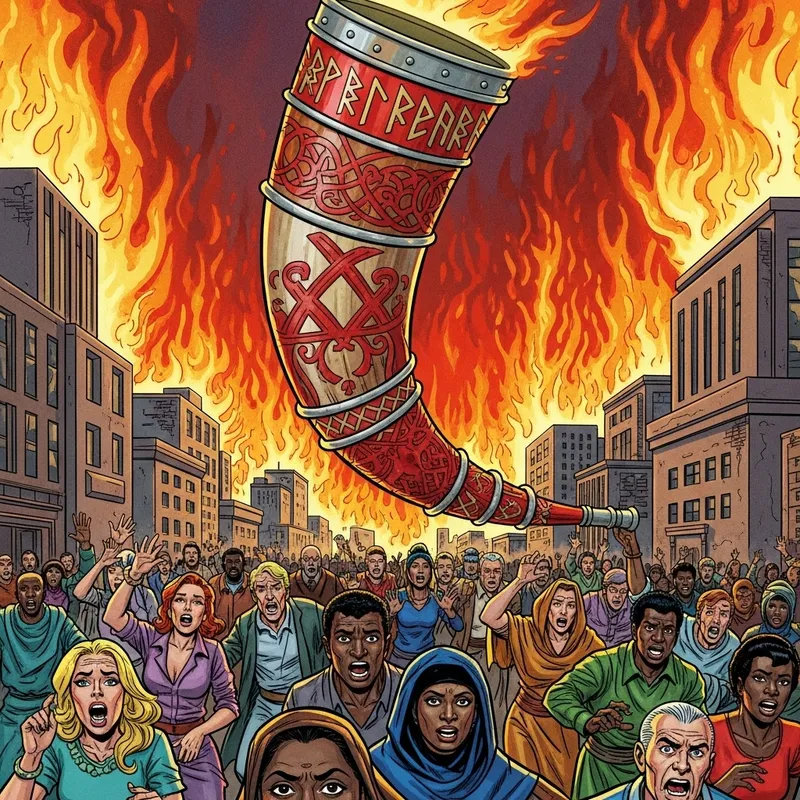 Intense Blowing Horn Scene: Red Runic Engravings & Flaming Buildings