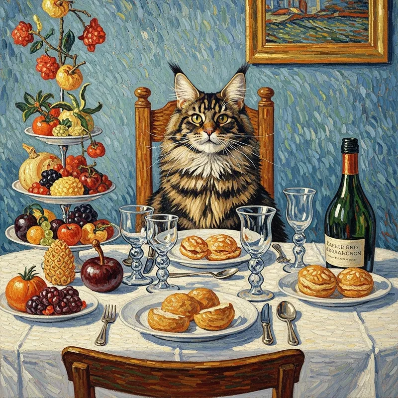 Maine Coon Cat on Festive Table with Falling Food in Van Gogh Style