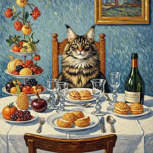 Festive Maine Coon Cat Painting on Table with Sumptuous Food