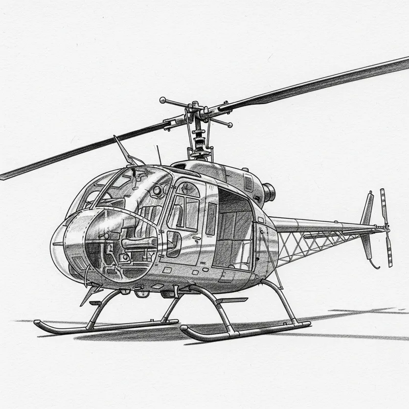Detailed Pencil Sketch of Hiller UH-12 Helicopter - Lifelike Drawing