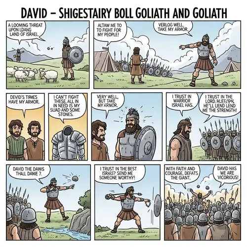 David vs Goliath: Legendary Biblical Battle Comic Strip