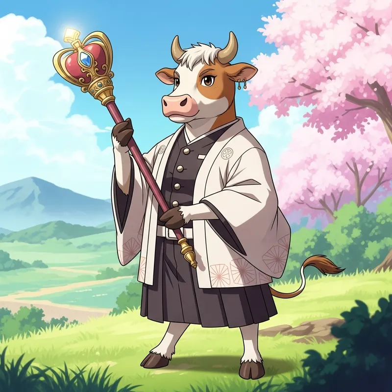 Anthropomorphic Cow with Scepter in Anime Style - Artistic Illustration Anthropomorphic Cow with Scepter in Anime Style - Artistic Illustration